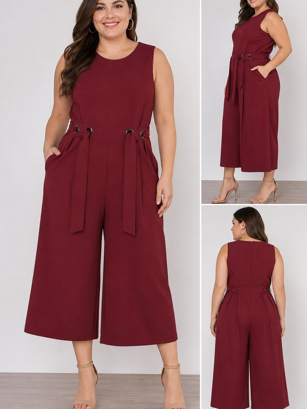 Spense Burgundy Sleeveless Jumpsuit with Grommet Tie